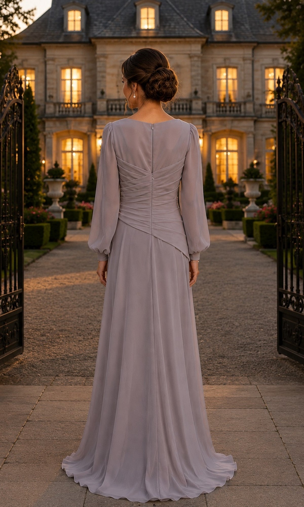 Back view of a woman wearing a mauve Tie-Waist Chiffon Long Formal Dress: Rina Di Montella R103, a modest floor-length, long-sleeved gown, standing in front of a grand estate.